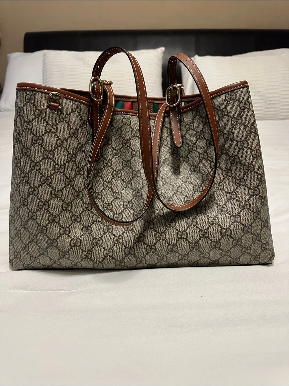 Gucci Beige Monogram Tote with Brown Leather Straps and Red-Green Interior - Picture 2 of 4